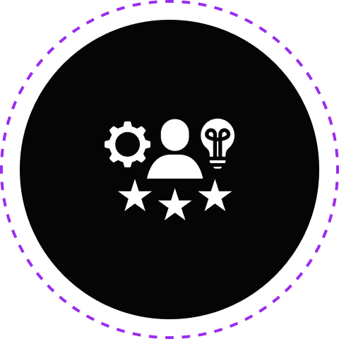 Icon with person, gear, bulb, and stars.