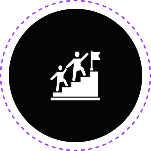 Two figures climbing stairs with flag.