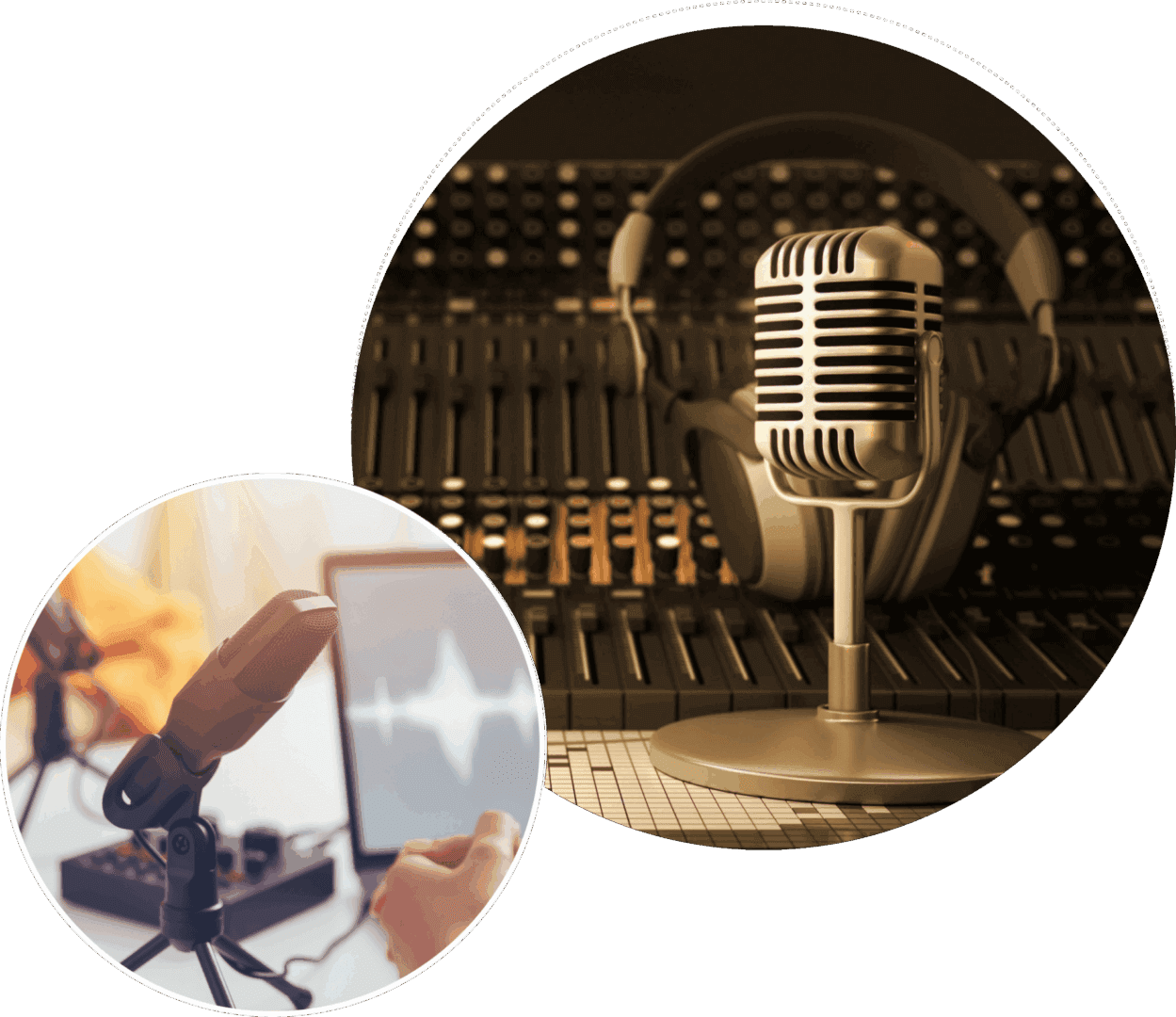 Microphones and headphones in recording studio setup.