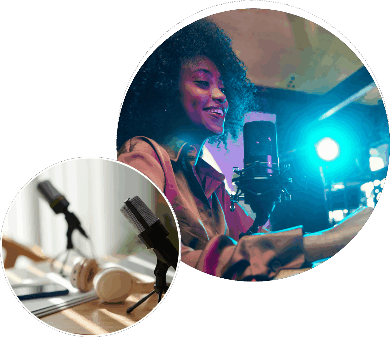 Woman recording with microphone, studio equipment nearby.
