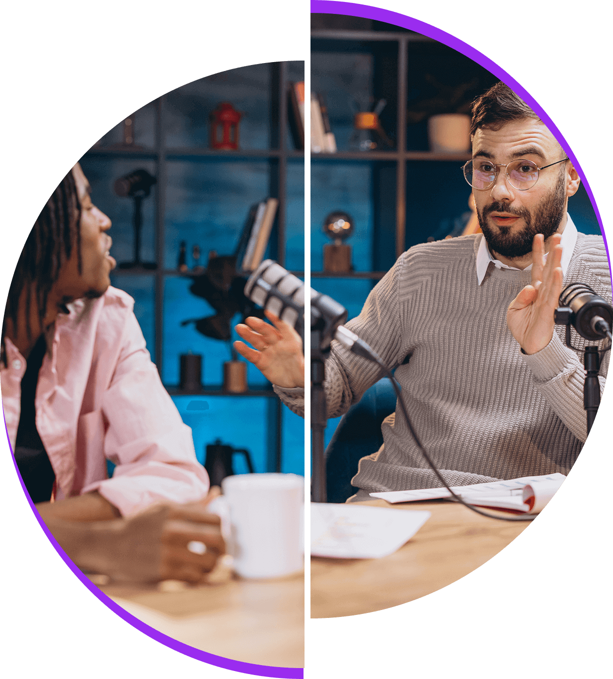 Two people recording a podcast discussion.