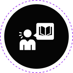 Person icon with speech bubble and book.