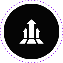 Three upward arrows inside purple dotted circle.