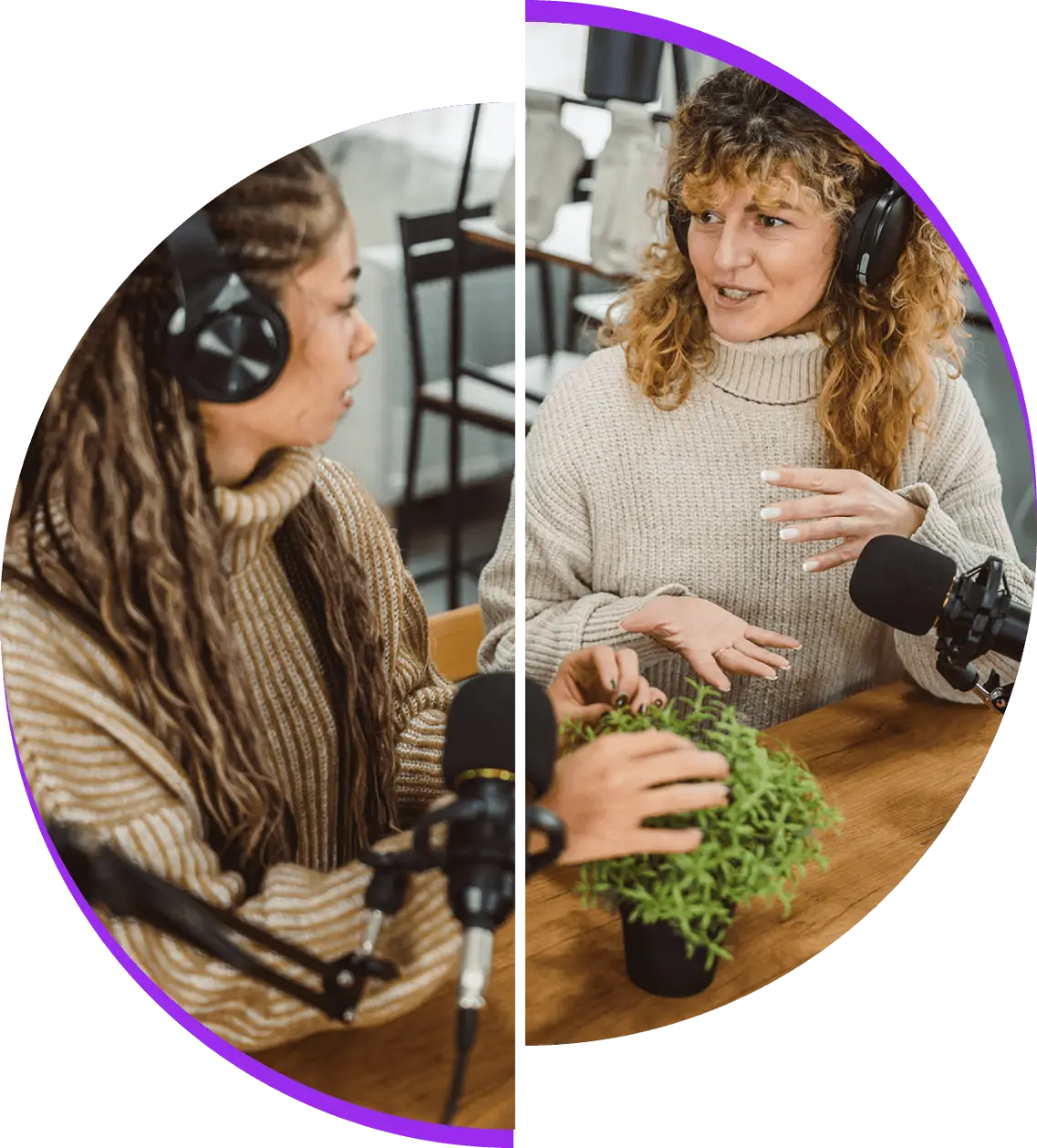 Two women podcasting with microphones and headphones.